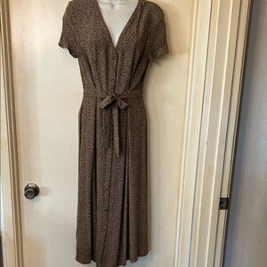 LOFT Tan and Black Animal Print Button-Front Midi Dress with Tie Waist size 6